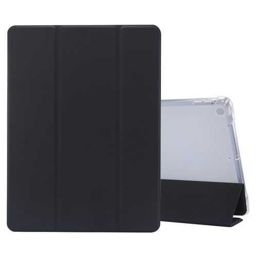 

For iPad 10.2 2021 / 2020 / 2019 3-folding Electric Pressed Skin Texture Horizontal Flip Shockproof Transparent TPU + PU Leather Case with Holder & Pen Slot & Sleep / Wake-up Function(Black)