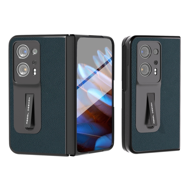 

For OPPO Find N2 Integrated Genuine Leather + PC Litchi Texture Phone Case with Holder(Green)