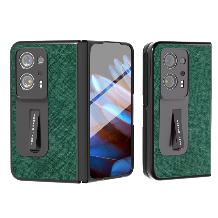 

For OPPO Find N2 Integrated Cross Texture Genuine Leather Phone Case with Holder(Green)