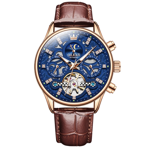 

OLEVS 6658 Men Luminous Waterproof Leather Strap Mechanical Watch(Blue + Rose Gold)