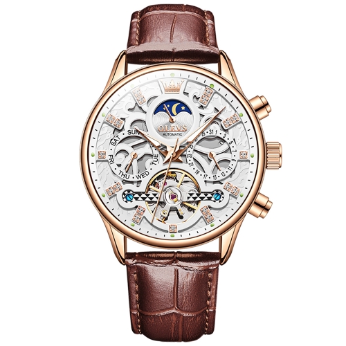 

OLEVS 6658 Men Luminous Waterproof Leather Strap Mechanical Watch(White + Rose Gold)