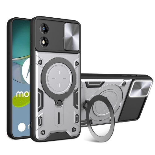 

For Motorola Moto E13 CD Texture Sliding Camshield Magnetic Holder Phone Case(Silver)