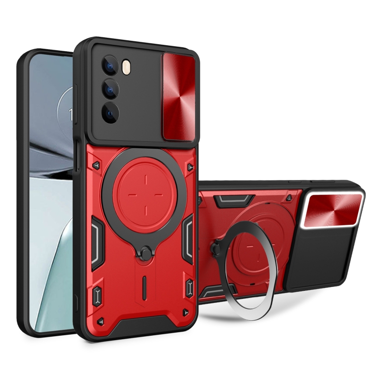 

For Motorola Moto G62 CD Texture Sliding Camshield Magnetic Holder Phone Case(Red)