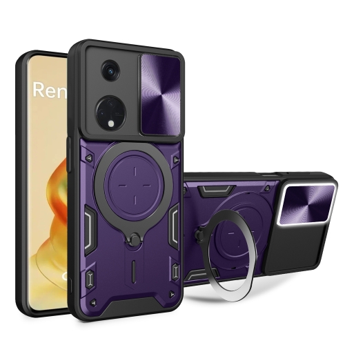 

For OPPO Reno8 T 5G CD Texture Sliding Camshield Magnetic Holder Phone Case(Purple)