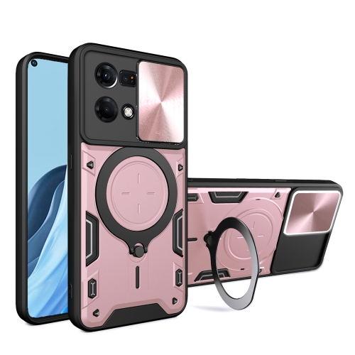 

For OPPO Reno7 4G / F21 Pro 4G CD Texture Sliding Camshield Magnetic Holder Phone Case(Pink)