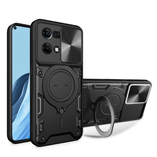

For OPPO Reno7 4G / F21 Pro 4G CD Texture Sliding Camshield Magnetic Holder Phone Case(Black)