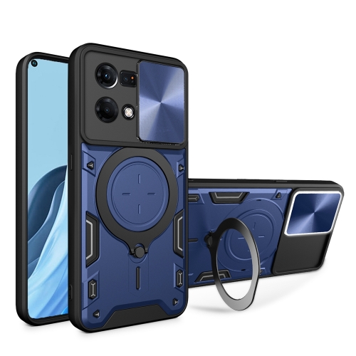 

For OPPO Reno7 4G / F21 Pro 4G CD Texture Sliding Camshield Magnetic Holder Phone Case(Blue)