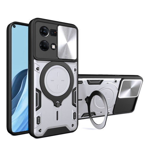 

For OPPO Reno7 4G / F21 Pro 4G CD Texture Sliding Camshield Magnetic Holder Phone Case(Silver)