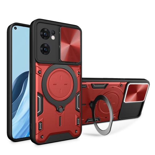 

For OPPO Reno7 5G CD Texture Sliding Camshield Magnetic Holder Phone Case(Red)