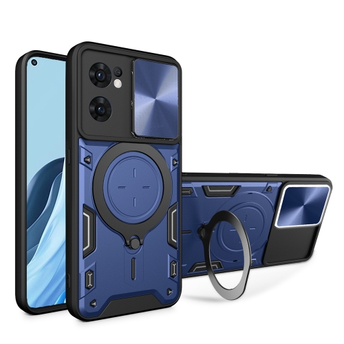 

For OPPO Reno7 5G CD Texture Sliding Camshield Magnetic Holder Phone Case(Blue)