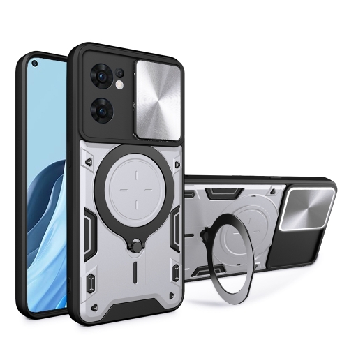

For OPPO Reno7 5G CD Texture Sliding Camshield Magnetic Holder Phone Case(Silver)