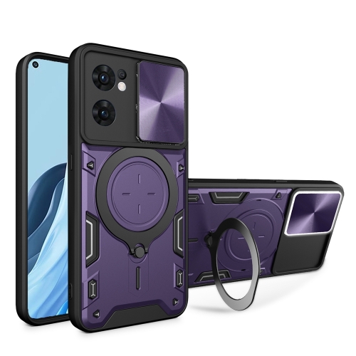 

For OPPO Reno7 5G CD Texture Sliding Camshield Magnetic Holder Phone Case(Purple)