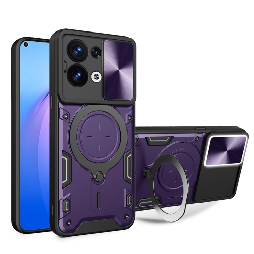 

For OPPO Reno8 5G CD Texture Sliding Camshield Magnetic Holder Phone Case(Purple)