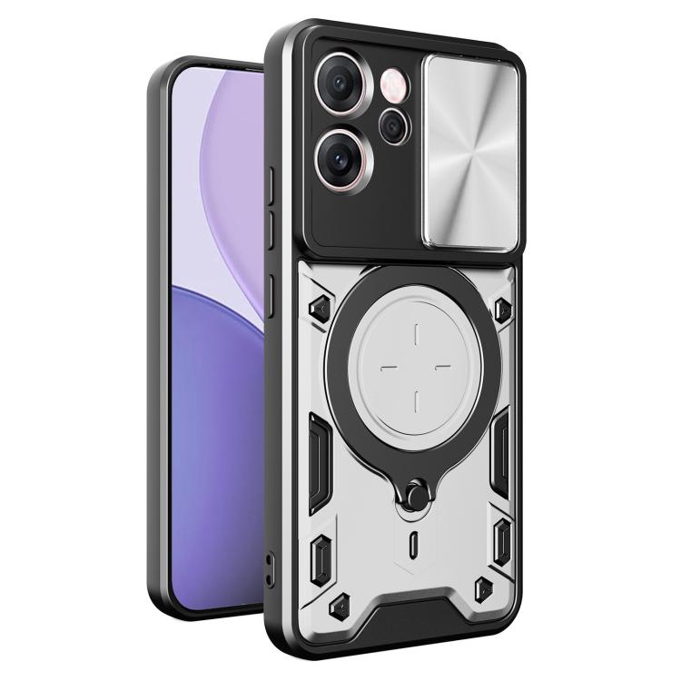 

For OPPO Reno14 F 5G Global CD Texture Sliding Camshield Magnetic Holder Phone Case(Silver)