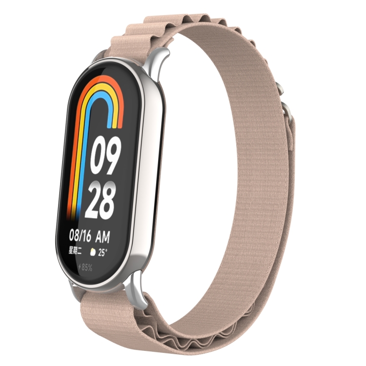 

For Xiaomi Mi Band 8 Metal Plug Loop Nylon Watch Band(Silver+Apricot)