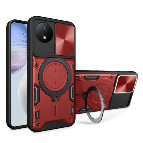 

For vivo Y02 Global CD Texture Sliding Camshield Magnetic Holder Phone Case(Red)