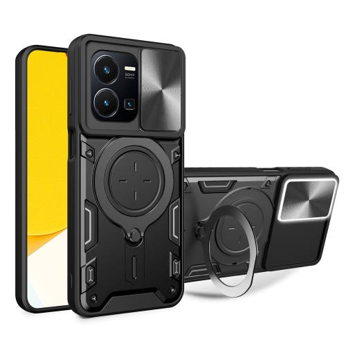 

For vivo Y35 4G CD Texture Sliding Camshield Magnetic Holder Phone Case(Black)