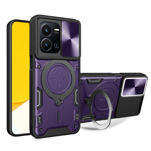 

For vivo Y35 4G CD Texture Sliding Camshield Magnetic Holder Phone Case(Purple)