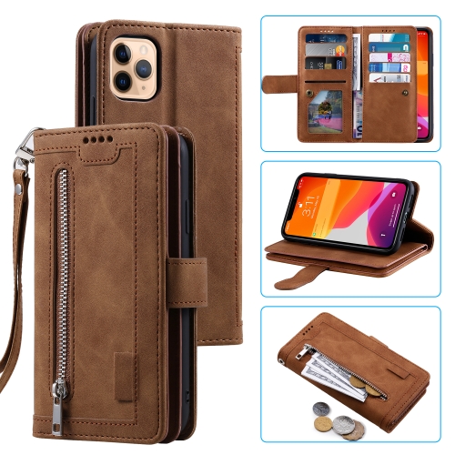 For iPhone 11 Pro Max Nine Card Zipper Bag Horizontal Flip Leather Case With Holder & Card Slots & Photo Frame & Wallet(Brown)