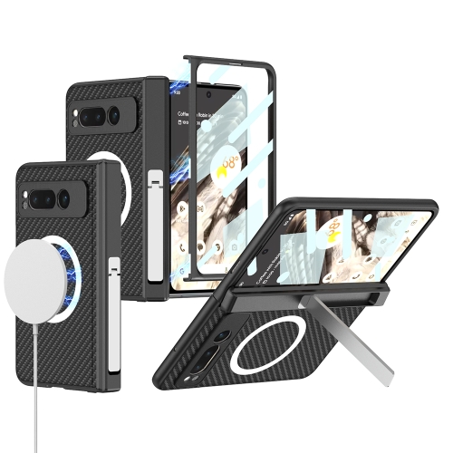 

For Google Pixel Fold GKK Integrated Magsafe Fold Hinge Full Coverage Leather Phone Case with Holder(Carbon Fibre Black)