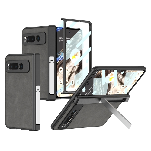 

For Google Pixel Fold GKK Integrated Frosted Fold Hinge Leather Phone Case with Holder(Grey)