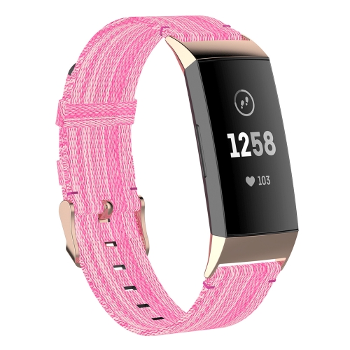 For Fitbit Charge 4 / Charge 3 / Charge 3 SE Stainless Steel Head Grain Nylon Denim Replacement Strap Watchband(Pink)