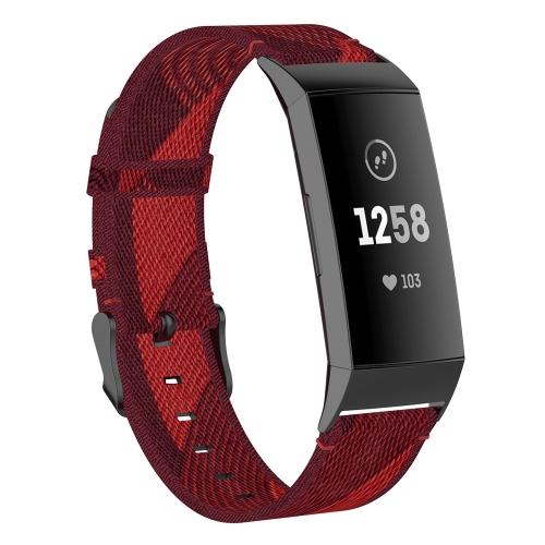

For Fitbit Charge 4 / Charge 3 / Charge 3 SE Stainless Steel Head Grain Nylon Denim Replacement Strap Watchband(Red Stripe)