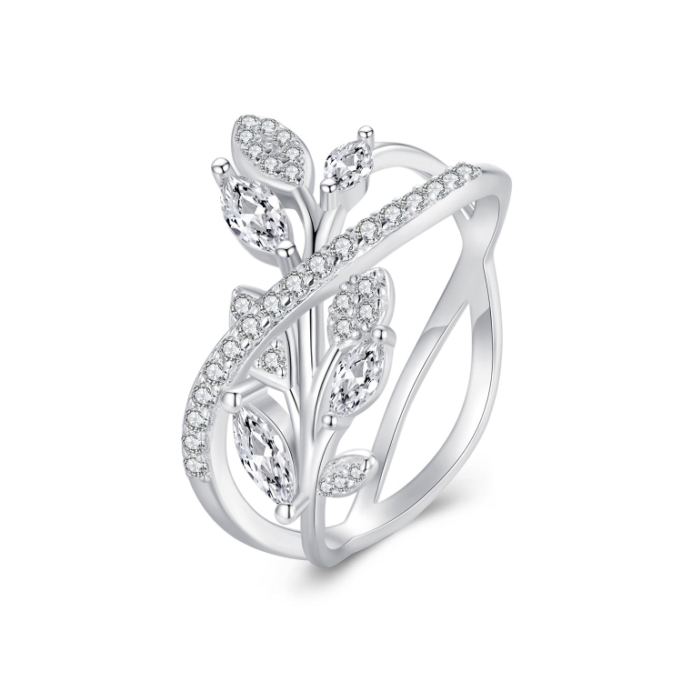 

BSR453-8 S925 Sterling Silver White Gold Plated Zircon Luxury Leaf Ring