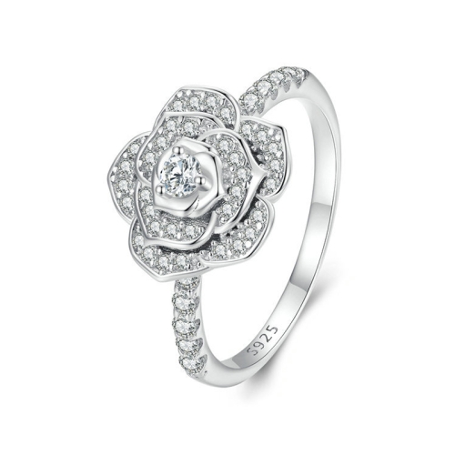 BSR449-8 S925 Argent Sterling Plaqué Or Blanc Zircon Rose Anneau Décoration Main