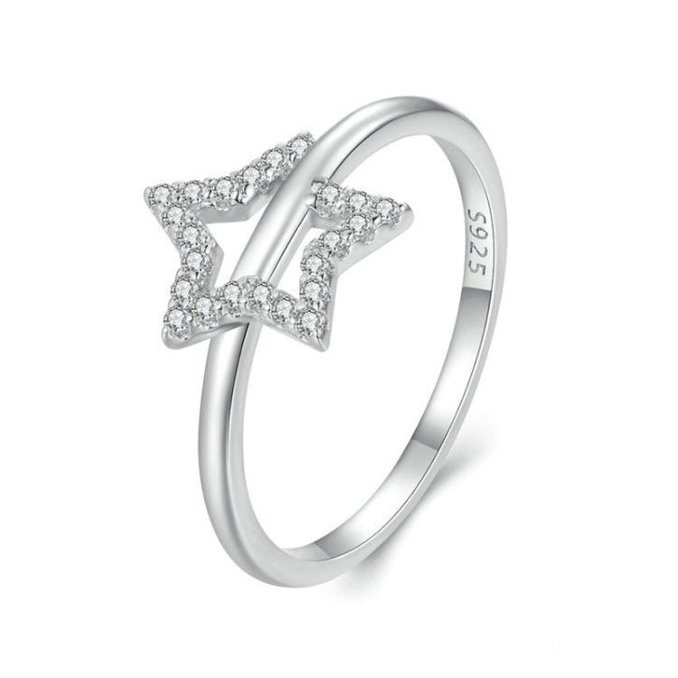 

BSR450-8 S925 Sterling Silver White Gold Plated Hollow Star Ring Hand Decoration