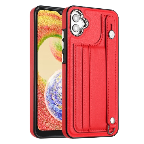 

For Samsung Galaxy A04E / F04 / M04 Shockproof Leather Phone Case with Wrist Strap(Red)