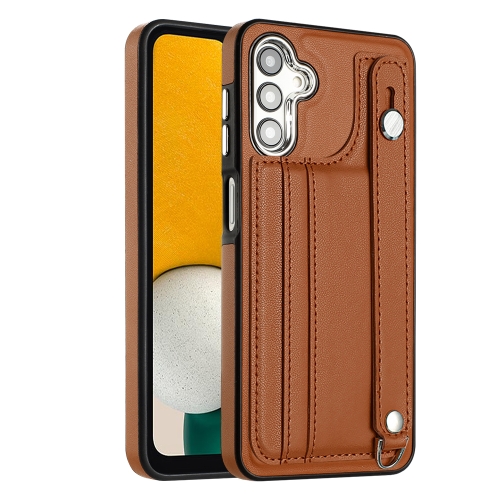 

For Samsung Galaxy A14 4G / A14 5G Shockproof Leather Phone Case with Wrist Strap(Brown)