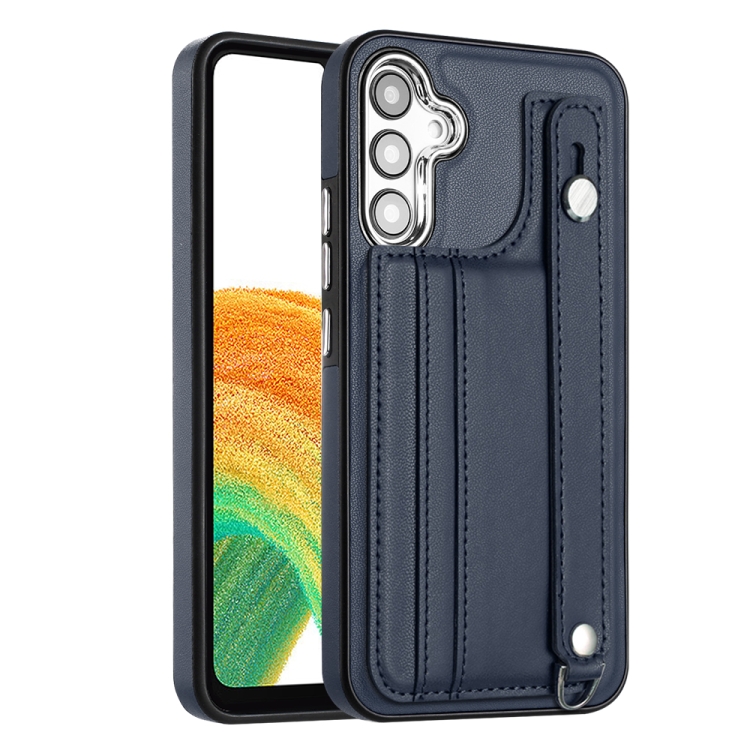 

For Samsung Galaxy A34 5G Shockproof Leather Phone Case with Wrist Strap(Blue)