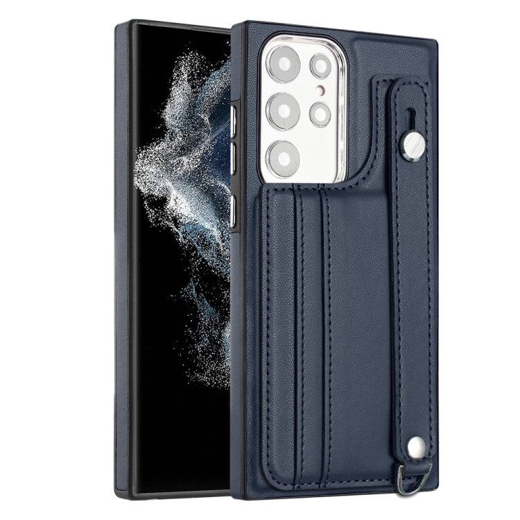 

For Samsung Galaxy S23 Ultra Shockproof Leather Phone Case with Wrist Strap(Blue)