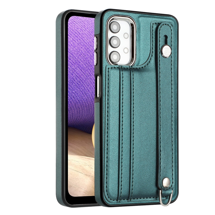 

For Samsung Galaxy A13 4G Shockproof Leather Phone Case with Wrist Strap(Green)