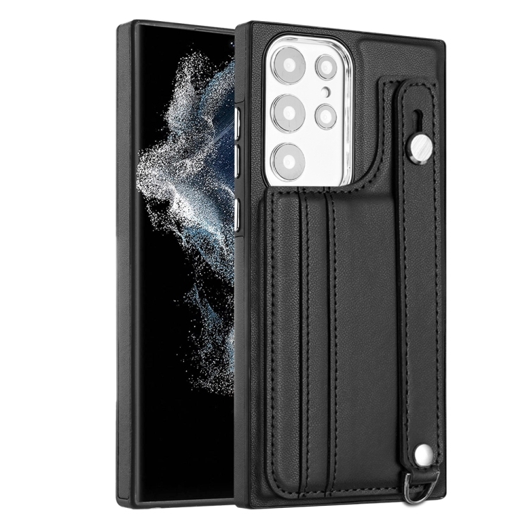 

For Samsung Galaxy S22 Ultra 5G Shockproof Leather Phone Case with Wrist Strap(Black)