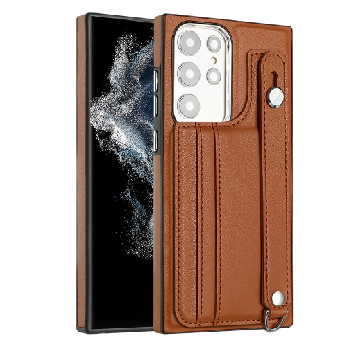 

For Samsung Galaxy S22 Ultra 5G Shockproof Leather Phone Case with Wrist Strap(Brown)