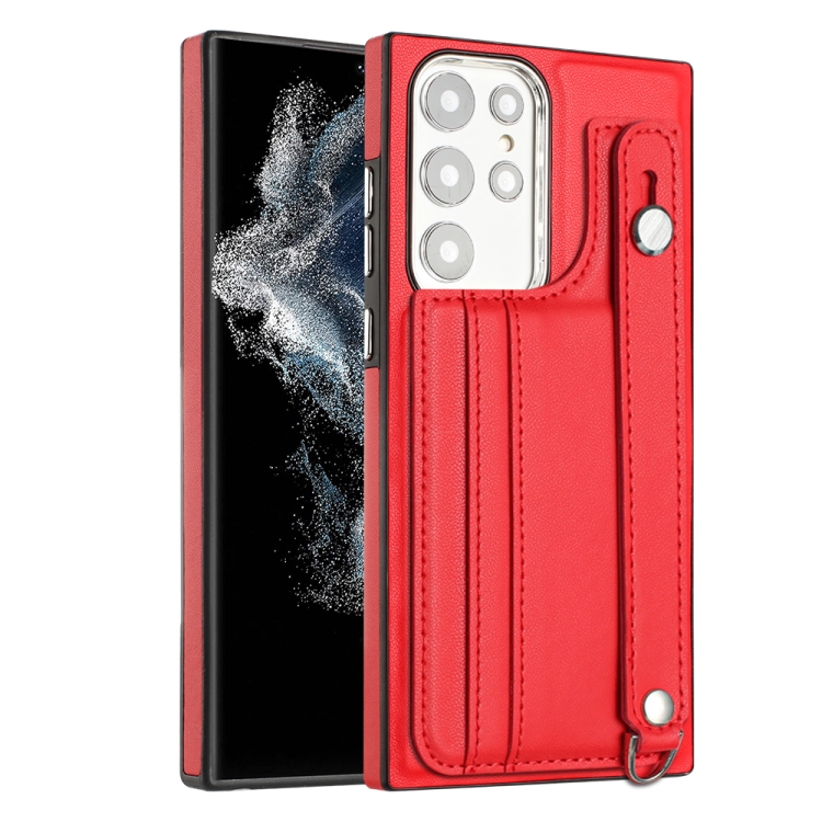 

For Samsung Galaxy S22 Ultra 5G Shockproof Leather Phone Case with Wrist Strap(Red)