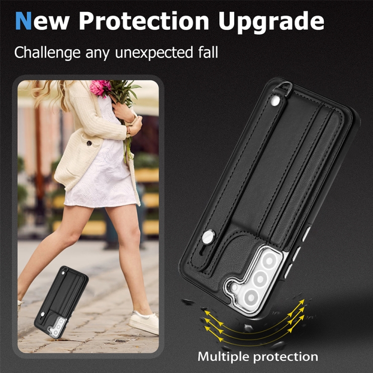 

For Samsung Galaxy S22 5G Shockproof Leather Phone Case with Wrist Strap(Black)
