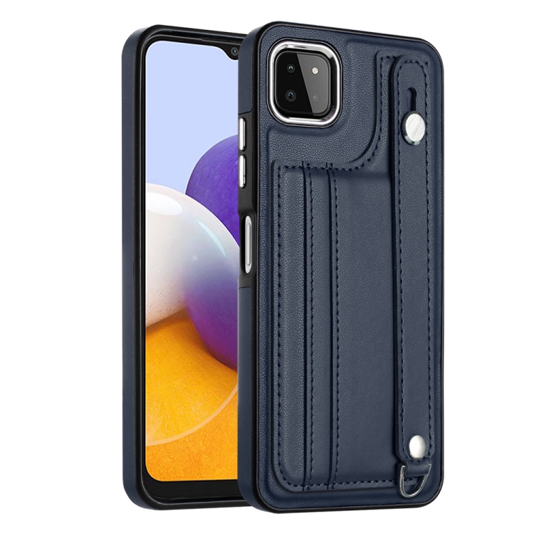 

For Samsung Galaxy A22 5G Shockproof Leather Phone Case with Wrist Strap(Blue)