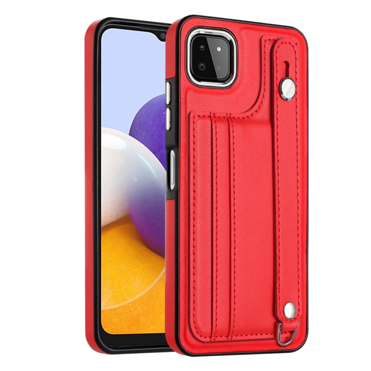 

For Samsung Galaxy A22 5G Shockproof Leather Phone Case with Wrist Strap(Red)