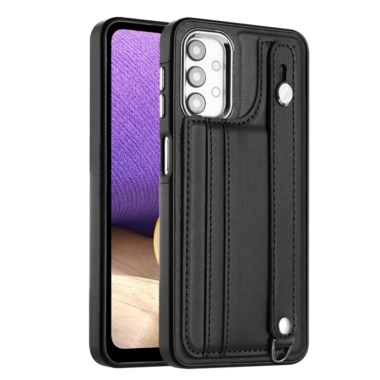 

For Samsung Galaxy A32 5G Shockproof Leather Phone Case with Wrist Strap(Black)
