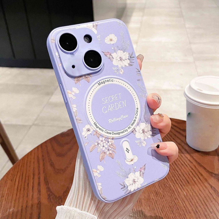 

For iPhone 14 Secret Garden Painted Silicone MagSafe Phone Case(Purple)