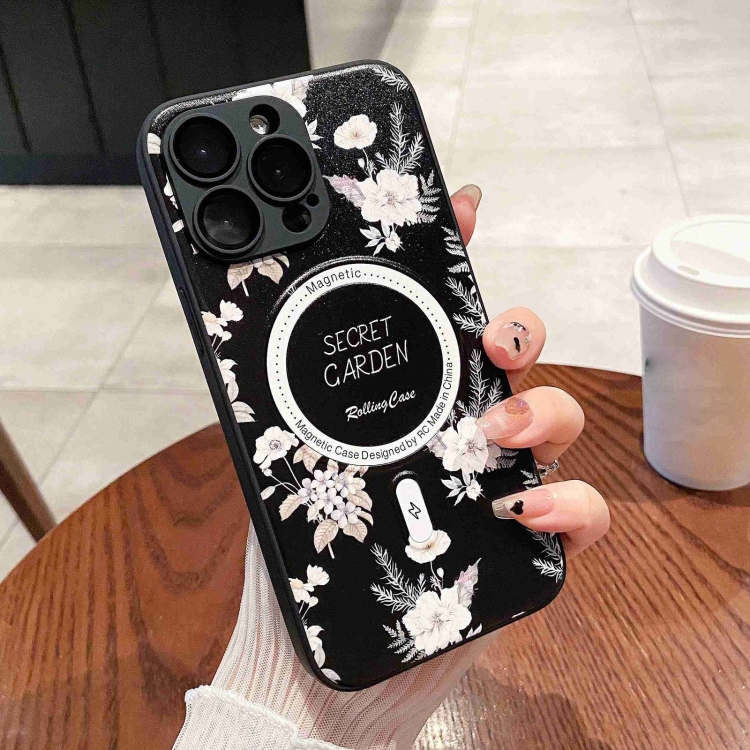 

For iPhone 14 Pro Secret Garden Painted Silicone MagSafe Phone Case(Black)