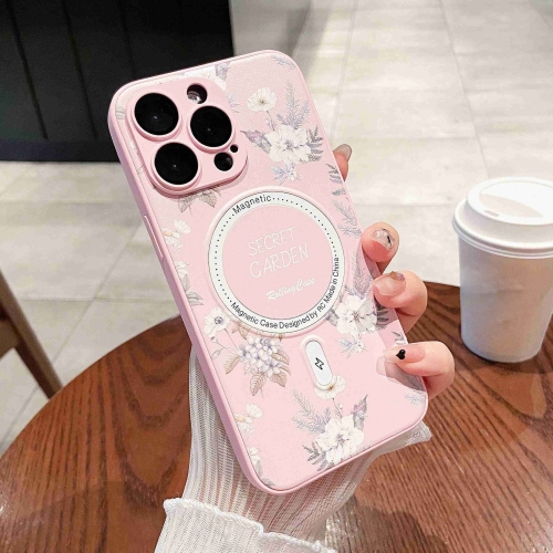 

For iPhone 14 Pro Secret Garden Painted Silicone MagSafe Phone Case(Pink)