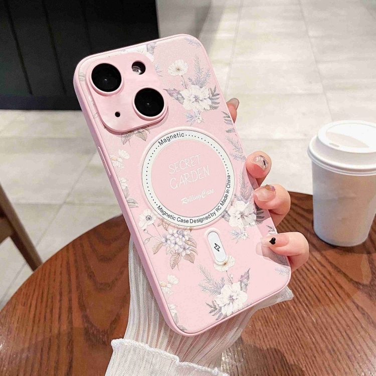 

For iPhone 13 Secret Garden Painted Silicone MagSafe Phone Case(Pink)