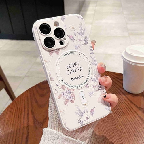 

For iPhone 13 Pro Secret Garden Painted Silicone MagSafe Phone Case(White)