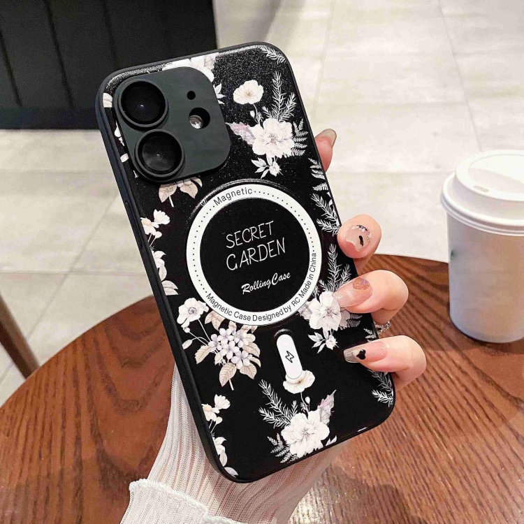 

For iPhone 12 Secret Garden Painted Silicone MagSafe Phone Case(Black)