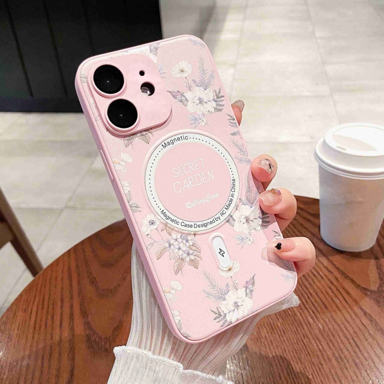 

For iPhone 12 Secret Garden Painted Silicone MagSafe Phone Case(Pink)