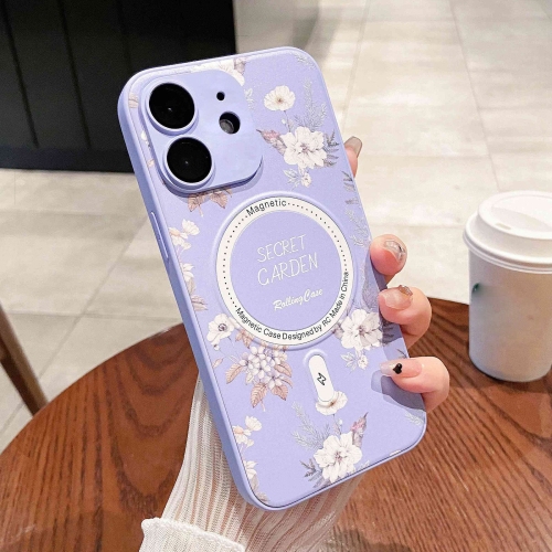 

For iPhone 12 Secret Garden Painted Silicone MagSafe Phone Case(Purple)